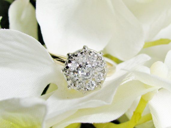 Wedding - Vintage Engagement Ring Diamond Halo Design 0.45ctw Diamond Cluster Ring 14K Two Tone Gold Floral Diamond Wedding Ring