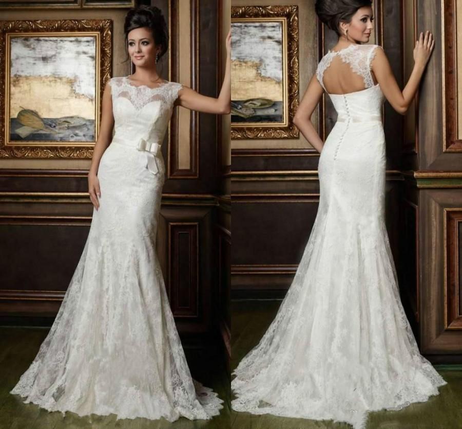 Mariage - Exquisite Mermaid Wedding Dresses 2015 With Sash Sheer Hollow Back Lace Applique Spring Sweep Train Trumpet Bridal Gowns Dresses Custom Online with $128.17/Piece on Hjklp88's Store 