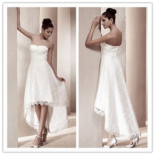 Mariage - Stunning 2015 Beach Short Wedding Dresses Summer High Low A-Line Lace Strapless Applique Sleeveless Bridal Dresses Ball Gowns Zipper Back Online with $108.59/Piece on Hjklp88's Store 
