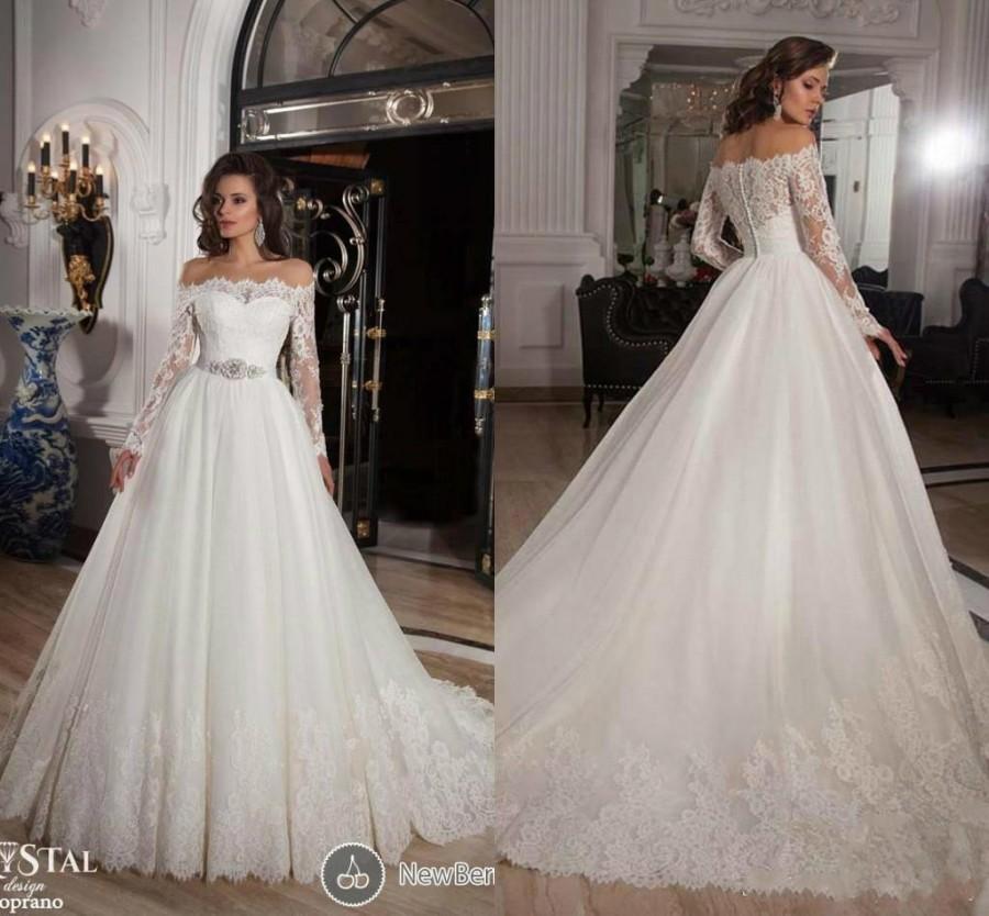 Wedding - 2015 Sheer Long Sleeves Lace A Line Wedding Dresses Illusion Chapel Train Off Shoulder Tulle Applique Bridal Ball Gowns With Beaded Sash Online with $129.06/Piece on Hjklp88's Store 