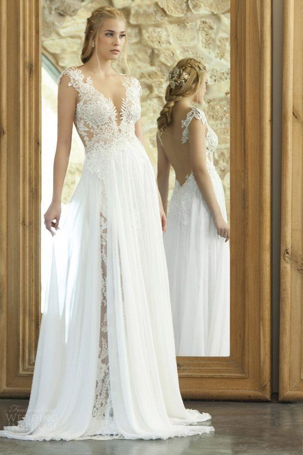 Mariage - New Arrival Elegant Summer Beach Wedding Dresses 2015 With Chiffon Lace V Neck Side Split Backless A-Line Romantic Charming Bride Ball Gowns Online with $119.27/Piece on Hjklp88's Store 