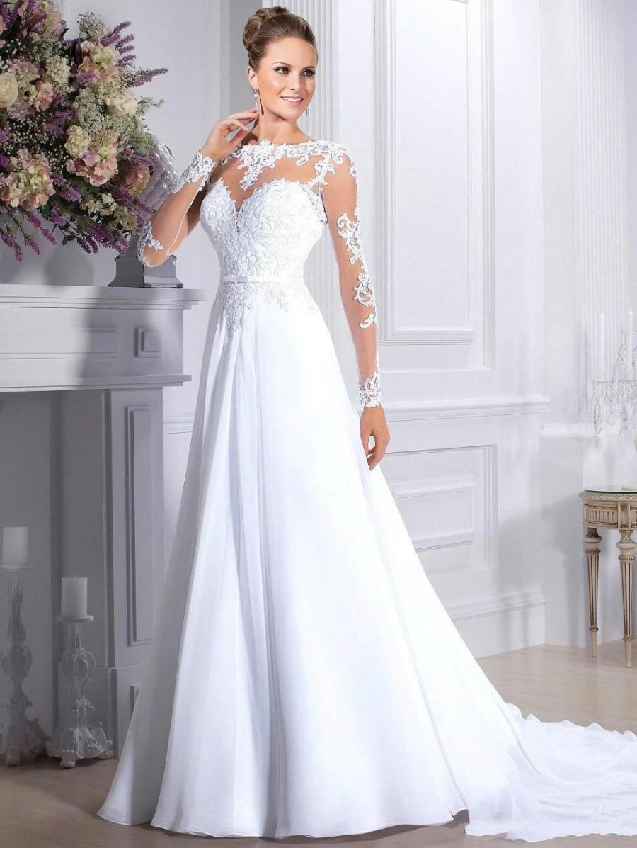 زفاف - Elegant Wedding Dresses Long Sleeve 2015 Chiffon Illusion Applique Sheer Crew Neck Chapel Ball Gown A Line Bridal Dresses Sweep Train Online with $124.61/Piece on Hjklp88's Store 