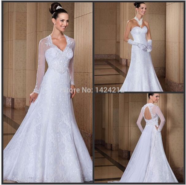 Wedding - New Arrival 2015 Wedding Dresses With Wrap Illusion Bridal Gowns Lace Applique Sweetheart Neck Sequins Fall A-Line Bridal Ball Chapel Train Online with $128.17/Piece on Hjklp88's Store 