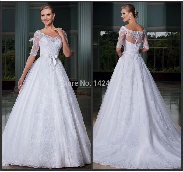 Hochzeit - Elegant 2015 Wedding Dresses With Half Sleeve Illusion Sash Ball Gowns V-Neck Applique Sheer Neck Sequins A-Line Bridal Dresses Chapel Train Online with $126.39/Piece on Hjklp88's Store 