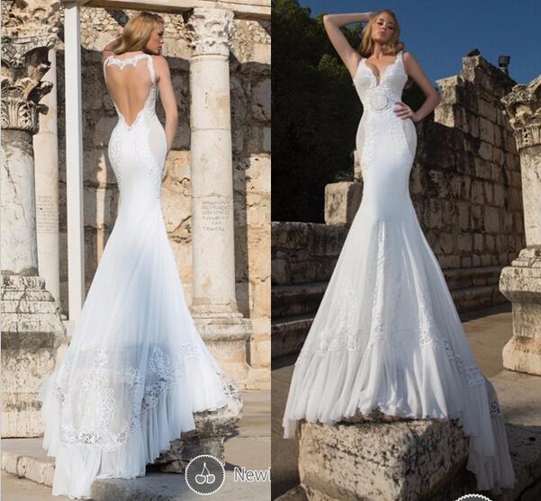 Wedding - 2015 Sexy Backless Wedding Dresses Mermaid Sweep Train Lace Applique V-Neck Chiffon Open Back Chiffon Garden Bridal Dress Gowns Trumpet Online with $127.28/Piece on Hjklp88's Store 