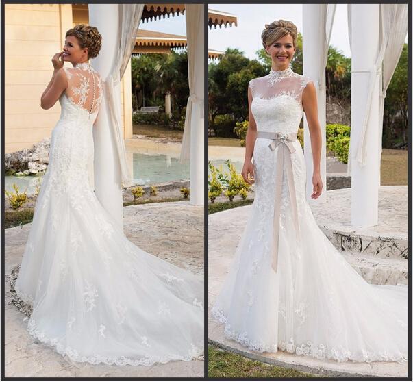 Elegant 2015 Wedding Dresses With Sash High Neck Applique Lace Cheap