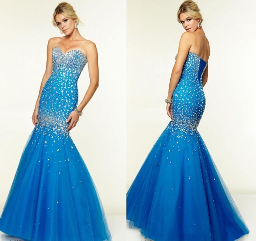 Hochzeit - Royal Blue 2015 Evening Dresses Formal Crystal Mermaid Long Party Prom Gowns With Beads Sweetheart Neck Plus Size Tulle Gowns Dress Online with $135.29/Piece on Hjklp88's Store 
