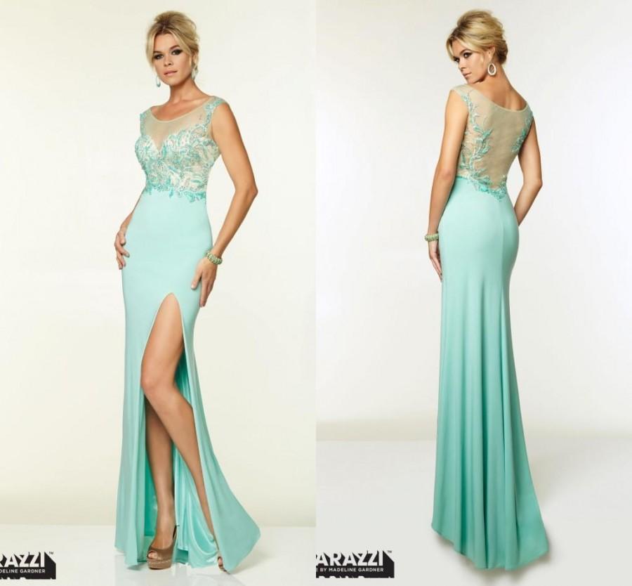 Свадьба - Elegant 2015 Blue Evening Dresses with Sheer Neck Sheath Jewel Appliques High Split Chiffon Long Formal Pageant Gowns Prom Party Dress Online with $106.81/Piece on Hjklp88's Store 