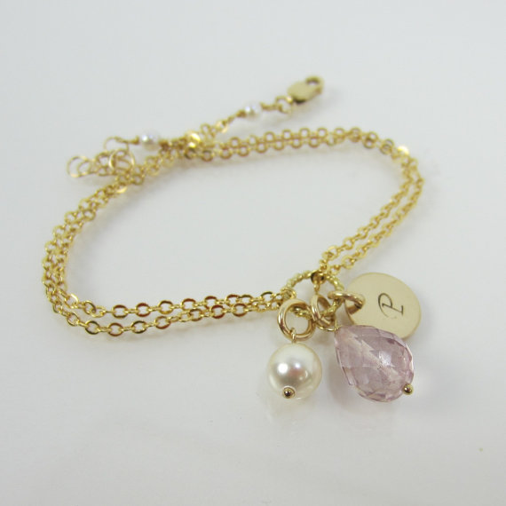 زفاف - Personalized Gold Amethyst Bracelet/Initial Pink Bracelet/Bridesmaids Gift Bracelet/Birthstone Bracelet/bridal party bracelet