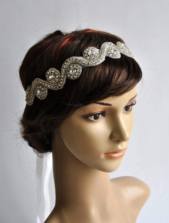 Wedding - Rhinestone Tie on Headband headpiece, Headband, Wedding Headband, ribbon headband, Bridal rhinestone head piece