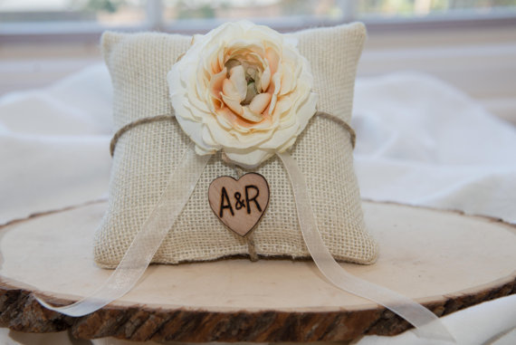 Wedding - Ivory Ranunculus flower custom ivory burlap ring bearer pillow  shabby chic with engraved heart  initials... many more colors available