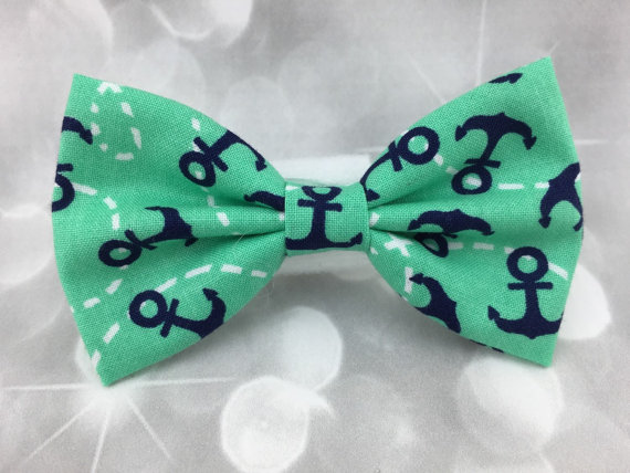 Mariage - Mint & Navy Anchors Small Pet Dog Cat Bow / Bow Tie