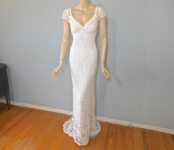 Свадьба - Hippie Boho WEDDING Dress, Crochet Lace Wedding Dress, Simple WEDDING dress, Beach Wedding Dress Sz Medium