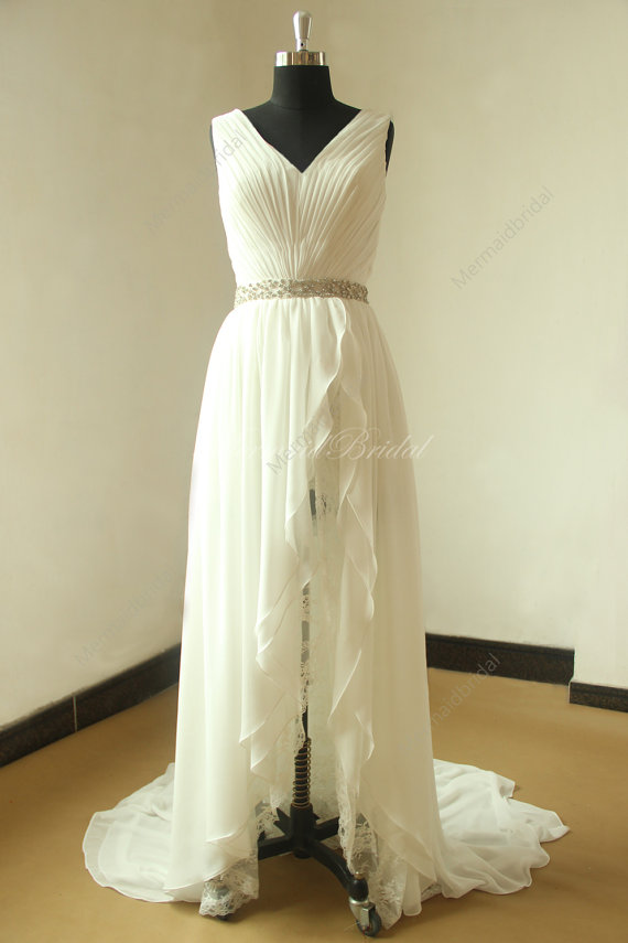 Hochzeit - Ivory simple high low chiffon lace wedding dress with elegant beading sash