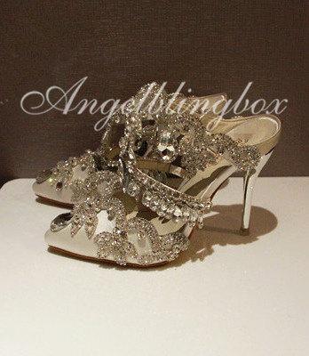 Mariage - White Bling Crystal Sandal, White wedding shoes.Custom prom sandal Unique party fringed shoes ,bling prom sandal in handmade