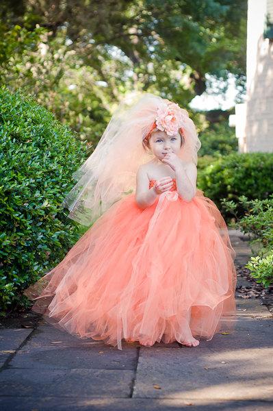 Wedding - Simply Dreamy Shades of Orange and Peach Bridal Flower Girl Tulle Tutu Dress with Headband Veil up to Girls 5-6 Year