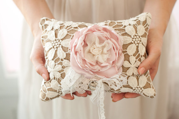 Hochzeit - Ring Bearer Pillow, rustic shabby chic romantic wedding ring pillow, burlap, blush and ivory