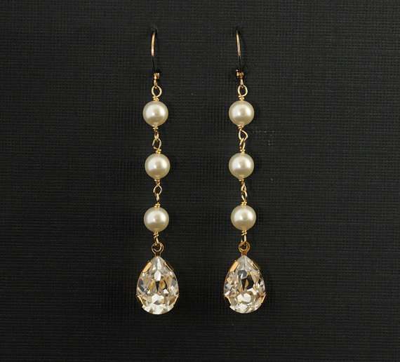 زفاف - Long Gold Wedding Earrings, Pearl Rhinestone Teardrop Wedding Bridal Jewelry, Dangle Gold Drop Earrings, Wedding Jewelry -- ELIZABETH II