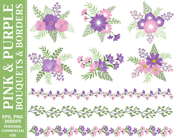 Mariage - BUY 2 GET 1 FREE! Pink and Purple Bouquets & Borders Clip Art - Compositions, Flowers, Roses, Borders Clip Art. Commercial and Personal use