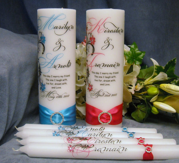 زفاف - Unity Candle With Tapers Personalized Floral Design - 18 colors available