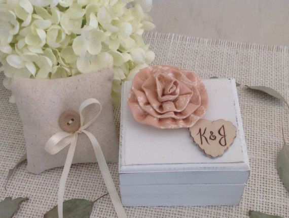 Wedding - Ring bearer box blush pink and ivory flower with pillow
