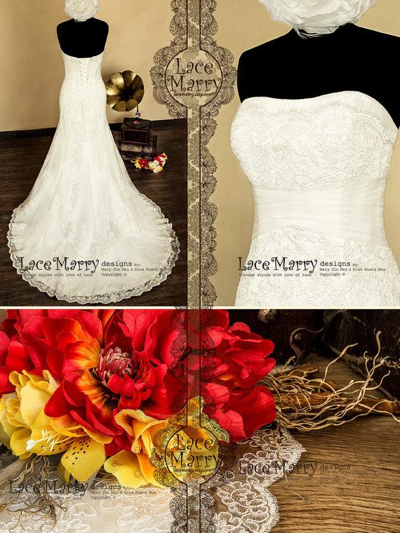 زفاف - Adorable Flower Lace Appliqué Strapless Wedding Dress with Slight Trumpet Style Scalloped Skirt Featuring Lace Up Closure and Chapel Train