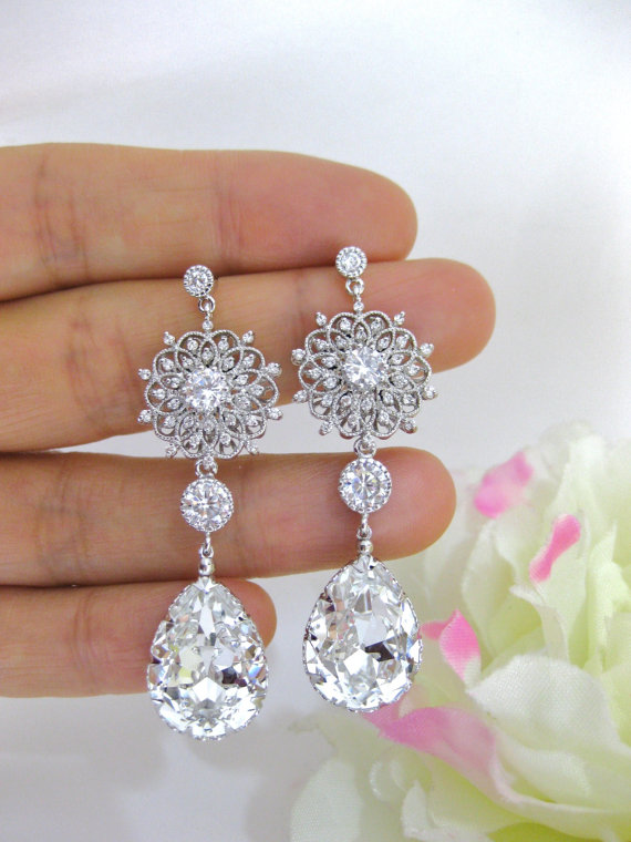 Hochzeit - Clear White Crystal Bridal Earrings Wedding Jewelry Swarovski Crystal Teardrops Earrings Floral Styal Earrings Chandelier Earrings (E123)