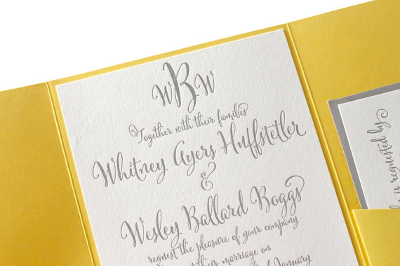 زفاف - The Daffodil Suite - Modern Letterpress Wedding Invitation Suite Grey, Yellow Pocket Enclosure, Simple, Calligraphy, Script, Romantic, Black