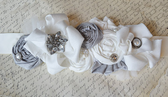 Mariage - WEDDING dress sash / Pewter Grey Wedding dress Sash belt Vintage Style dress Sash / vintage Wedding Dress Silk beaded sash / Lace grey sash