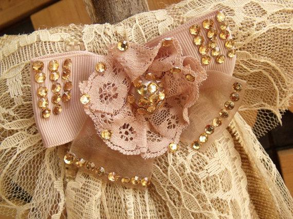 Wedding - LARGE  26" long ~ 8" wide  --Burlap & Lace Wedding Ceremony Bow  Pew bow Shabby Rustic Chic HAND Crochet Yellow Bead