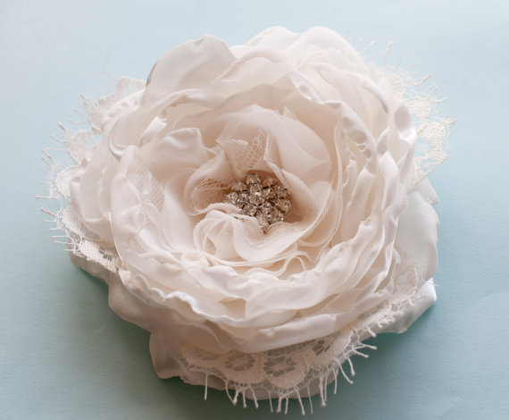 Mariage - Bridal Flower hair clip or sash pin, ivory, rhinestone button and vintage style lace