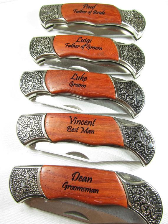 Hochzeit - Set of 5 Personalized Engraved Rosewood Handle Pocket Hunting Knife Knives Groomsman Best Man Gift 2 Lines