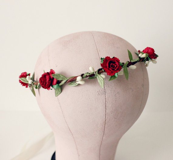 Mariage - Red Peonies Floral Crown, Wedding, holiday, red wedding, cranberry red, fall, Flower Girl,  Bridal, Hair Accessories, bridesmaids