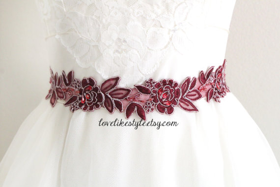Mariage - Wine, Burgundy  Embroidery Flower Lace Sash , Bridal Sash, Bridesmaid Sash, Bridesmaid Headband , Wine Head Tie.