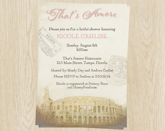 Mariage - Bridal Shower Invitations, Pink, Italy Theme, Wedding, Stamps, Retro, Coliseum, Set of 10 Printed Cards, FREE Shipping, AMORE, That's Amore