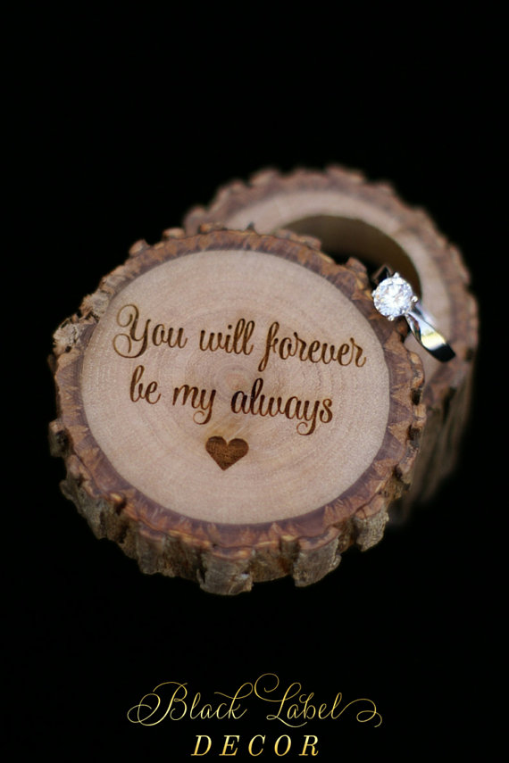 Mariage - You will forever be my always - Engraved Wood Wedding Ring Bearer Slice, Rustic Wooden Ring Holder, Reclaimed Hickory Ring Bearer Pillow