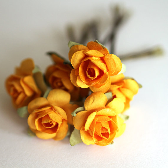 زفاف - Golden Rose, Bohemian Wedding Hair Flower, Bridal Hair Accessories, Golden Yellow Hair Flower, Brass Bobby Pin - Set of 6