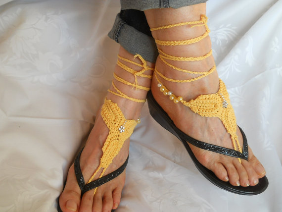 Wedding - CROCHET BAREFOOT SANDALS / Barefoot Sandles Shoes Beads Victorian Anklet Foot Women Wedding Sexy Accessories Bridal Elegant Beach Wear Boho