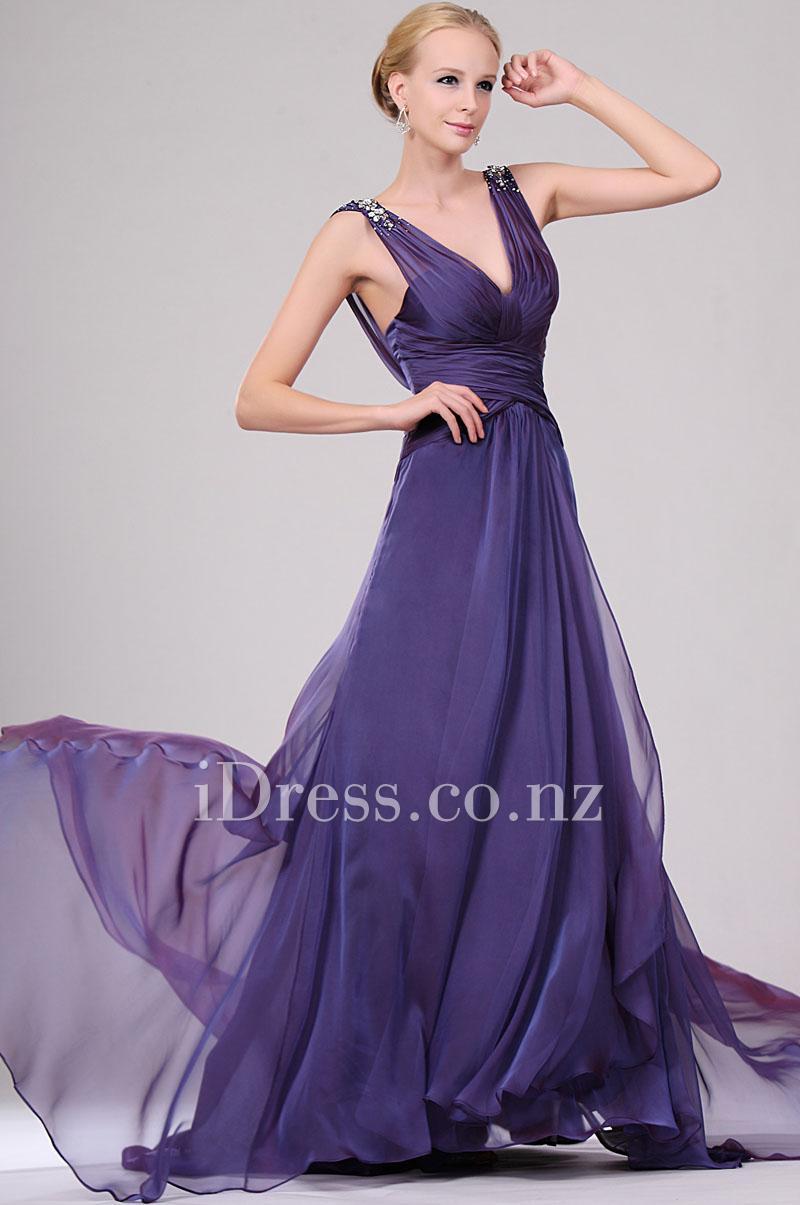 Mariage - Regency Shoulder Straps V Neck Top Crystal Beaded A-line Chiffon Evening Dress
