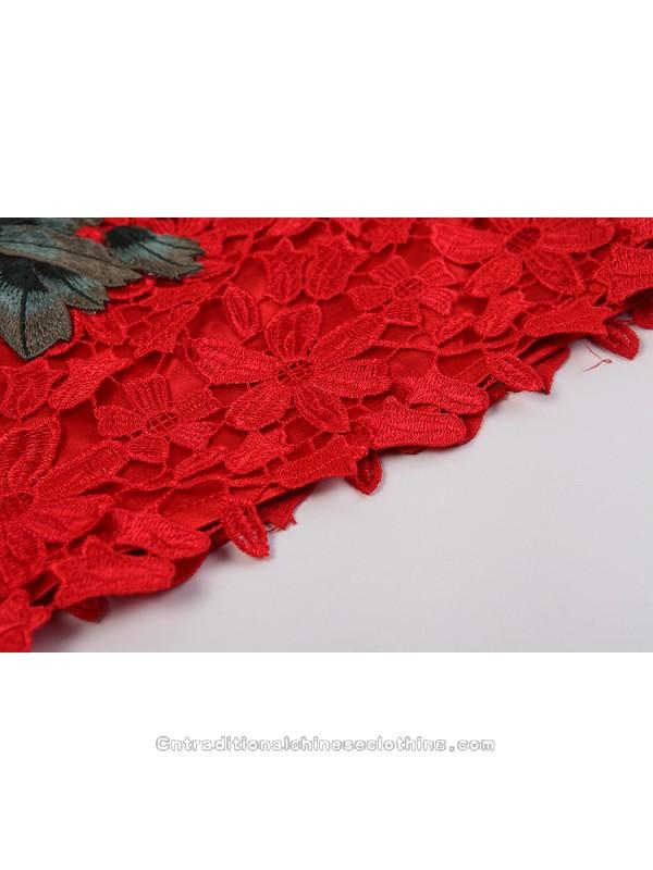 زفاف - Red lace embroidered 3D peony floral modern short qipao mini Chinese cheongsam dress
