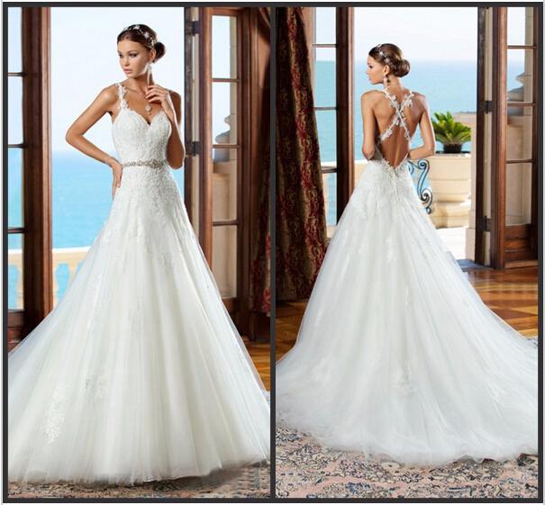 Hochzeit - Backless Lace 2015 Wedding Dresses Applique Beaded Sash Tulle Criss Cross Straps Chapel Train Bridal Gowns Spring Wedding Ball Dress Custom Online with $124.61/Piece on Hjklp88's Store 