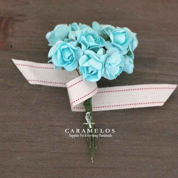 Wedding - 36 Miniature Aqua Paper Roses Flowers