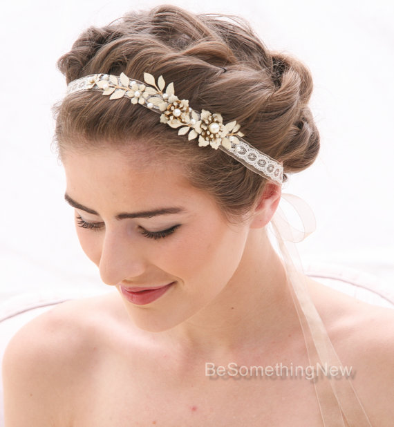Wedding - Champagne and Ivory Wedding Tie Headband or Wedding Dress Sash with Enameled Metal Flowers and Leaves, Vintage Wedding Flower Headpiece
