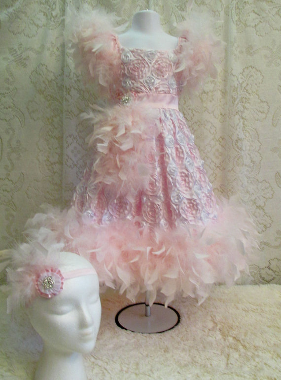 Свадьба - 5T So Lovely Light Pink & White Rosette Feather Dress and Matching Headband, Flower Girl Dress, Pageant Dress, 2pc Set, Ready to Ship!