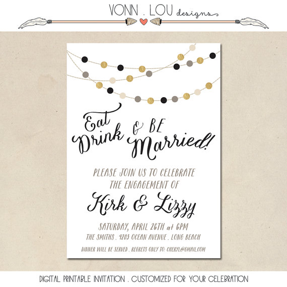 Wedding - engagement party invitation - rehearsal dinner - bridal shower - garland with gold digital foil - printable - hand illustrated - modern -DIY