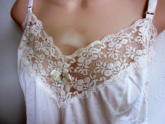 زفاف - Vintage camisole cami slip ivory white nylon lace sexy plus size lingerie 44 bust