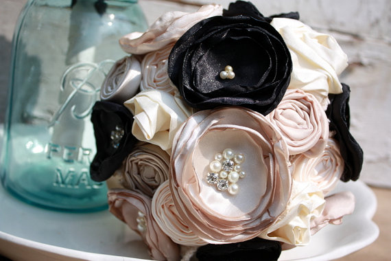 Hochzeit - Champagne bouquet, Bridal bouquet in champagne and black, 7" fabric flower wedding bouquet