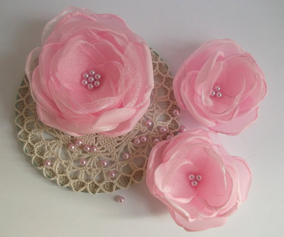 Wedding - Pink fabric flowers, Hair pin, clip, Shoes clasp, Bridal Bridesmades accessories, Wedding Flower girls, Brooch Set 3, Handmade Birthday gift