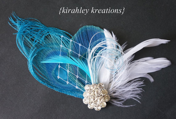 Wedding - BARBIE -- Wedding Peacock Feather Hair Clip Headpiece Fascinator Malibu Blue Teal Turquoise w/ Russian Veil Rhinestone Bride Bridesmaid Prom