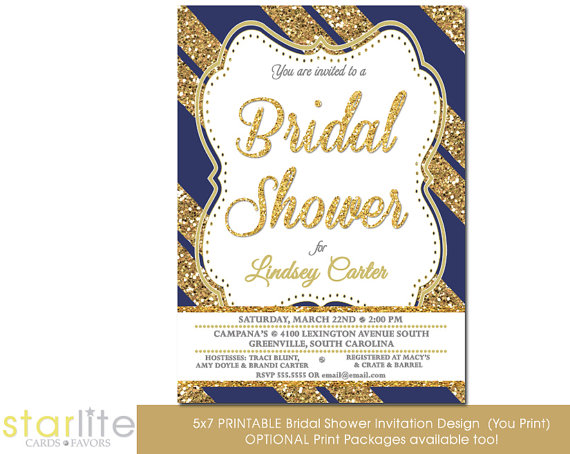 Wedding - Navy Gold Bridal Shower Invitation - Glitter Stripes, Engagement Party - vintage style, Printable Design or Printed Option
